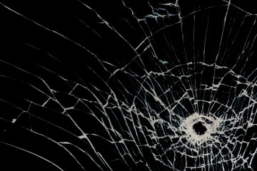 bullet hole on glass black background for overlay, transparent window