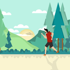 Men are jogging or running through the park. exercise or outdoor sports, athletics. Healthy active lifestyle. Flat vector illustration.