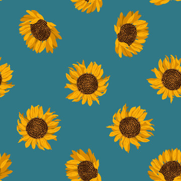 Floral seamless pattern. Yellow blooming sunflowers on a blue background. Modern vector illustration.