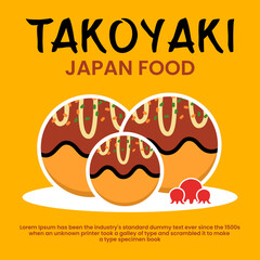 Poster of takoyaki, traditional japanese food. yellow background for menu, promotion banner etc