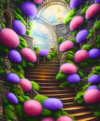 Dreamy colorfull stairs with bushes of flowers 