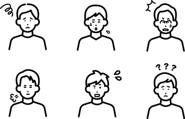 ネガティブな表情の男性のアバターイラストセット