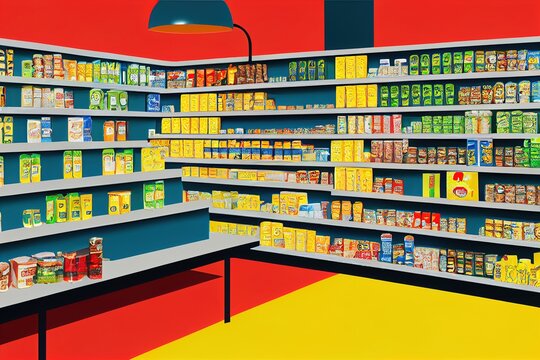 Supermarket interior with chips and snacks shelves. Groceries shop aisle with food packages bright abstract digital illustration