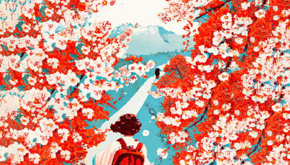 Background cherry blossom spring flower Japan.  Branch of blooming sakura with flowers. Tree illustration nature forest  