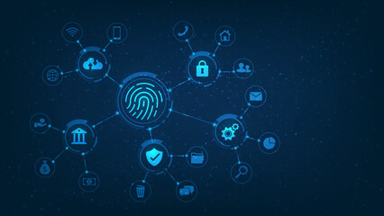 fingerprint scanning and biometric technology element. on blue dark background. cloud data storage and identification. security for protection internet of thing. vector illustration digital fantastic.