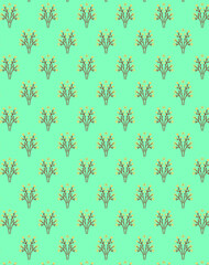 Cute botanical pattern with delicate modest tiny bouquets of yellow flowers isolated on a light green background