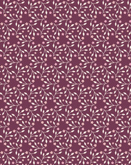 Сute decorative spring summer print with white pink flowers isolated on a dark burgundy background