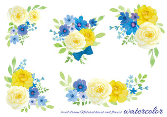 手書きのバラとリーフの水彩画セット