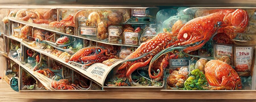 Seafood Product Groceries On Supermarket Shelves. Delicious Sea Food Retail Shop Shelving, Gourmet Ingredients Digital Illustration