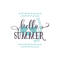 Flat style logo with Hello Summer text and scuba diving mask on white background
