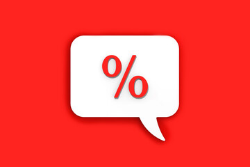 Red percent sign on white message board. Interest withdrawal signal. Discount notifications. Message on a red background. Horizontal image. 3D image. 3D rendering.
