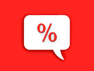 Red percent sign on white message board. Interest withdrawal signal. Discount notifications. Message on a red background. Horizontal image. 3D image. 3D rendering.
