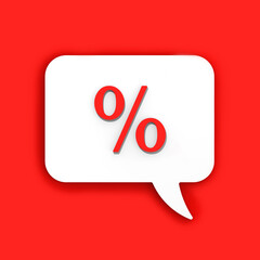 Red percent sign on white message board. Interest withdrawal signal. Discount notifications. Message on a red background. Square image. 3D image. 3D rendering.