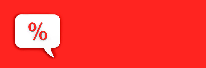 Red percent sign on white message board. Interest withdrawal signal. Discount notifications. Message on a red background. Horizontal image. Banner for insertion into site. 3D image. 3D rendering.