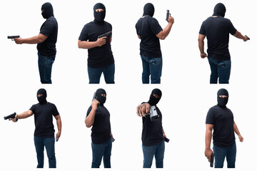 Set of Burglar or terrorist. Holding pistols in various poses on isolated background with clipping path.