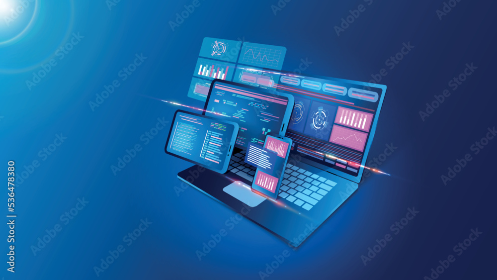 Poster Web app software. Internet platform. Digital application. Business website screen. Laptop interface. Phone and computer connection. API technology. Analytic infographic. Vector concept