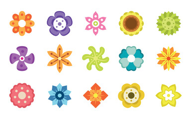 Cute cartoon flowers, spring stickers. Daisy retro icon, pink blue and green easter garden, mother day decoration. Petals abstract shapes. Flat botanical collection. Vector graphic pattern