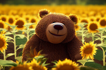 Cute smiling cartoon brown bear in a field of sunflowers illustration