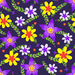 Floral vector artwork for apparel and fashion fabrics, Purple and yellow flowers wreath ivy style with branch and leaves. Seamless pattern background.