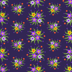 Fototapeta na wymiar Floral vector artwork for apparel and fashion fabrics, Purple and yellow flowers wreath ivy style with branch and leaves. Seamless pattern background.