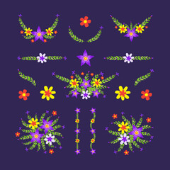 Fototapeta na wymiar Isolated purple and yellow flowers wreath with branch and leaves. Vector bouquet and decorative object. Blooming floral material for graphic design.