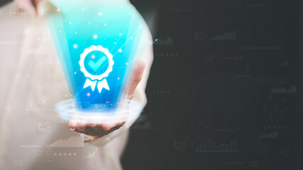 Businessman showing best quality assurance icon for product warranty standard quality concept insurance business industry certification Product Certification Management