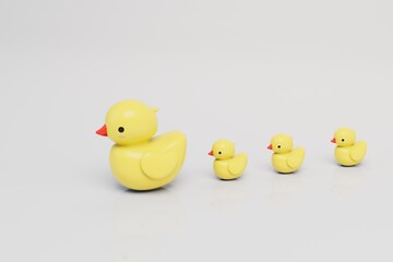 a large rubber duck with small ducks of yellow color on a white background. 3D render