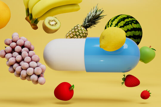 the concept of taking a vitamin complex. a medical capsule around which fruits on a yellow background. 3D render