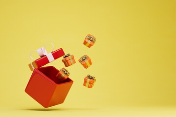 a large gift box from which small boxes with gifts on a yellow background fly out. copy paste, copy space. 3D render