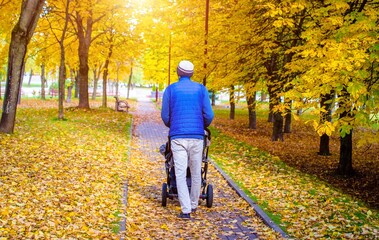 Man wheeling a pram in the Park
