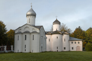 Ancient churches of Yaroslav's courtyard on October morning. Veliky Novgorod, Russia