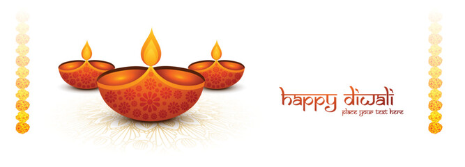 Happy diwali wishes banner with realistic diya celebration holiday background