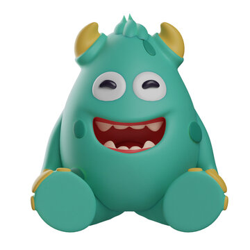 3D illustration. 3D Cute Monster Cartoon Character sitting on the floor. laughing happily. have cute horns. 3D Cartoon Character