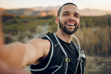 Fototapeta premium Hiking, selfie or travel with man in nature for freedom, social media and mountain forest in Australia holiday adventure. Workout, fitness or health with exercise, blog for summer or wellness sports