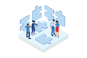Obraz na płótnie Canvas Finding solution, problem solving. Teamwork and partnership. Working team collaboration, enterprise cooperation . isometric vector modern illustration