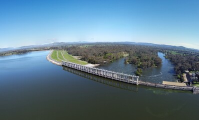 Albury, New South Wales, Australia aerial photography from drone, above Murray river near Hume dam is a major dam across the Murray River downstream of its junction in the Riverina region.