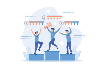 Tiny people winners sportsmen on podium with rating stars. Sports rating system, team player rating, competitive strength metrics concept, flat vector modern illustration