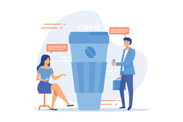 Lunch time, office workers communication. Rest from work, colleagues drink hot refreshment. Coffee break, low energy, tiredness and energizing concept, flat vector modern illustration