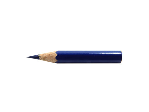Colored pencil, blue, one short handle isolated on white blackground.