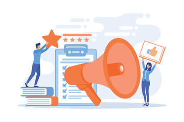 Megaphone and businessmen rate with stars and thumb up icons. Rank and rating scale, high-ranking, top-ranking concept on white background, flat vector modern illustration