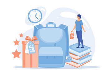 School backpack, books, shopper with shopping bag and present box with percent tag. Back to school sale and deals, school shopping clearance concept, violet palette, flat vector modern illustration