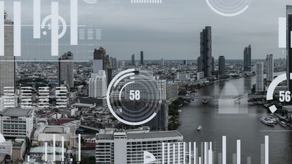 Business data analytic interface fly over smart city showing alteration future of business intelligence. Computer software and artificial intelligence are used to analyze big data for strategic plan .