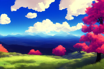 Plakat Landscape scene illustration digital painting with greenery, mountains, hills, meadows, blue skies