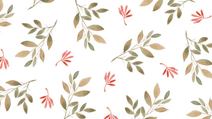 Beautiful watercolor pattern with a branch with green and pink leaves. Vector watercolor pink and green plant wallpaper. 