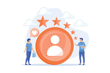 Marketer measuring customer satisfaction and rating stars. Satisfaction and loyalty analysis, customer retention increasing, marketing tools concept, flat vector modern illustration