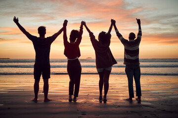Beach, celebration and friends silhouette, sunset horizon and ocean for night, youth and adventure...
