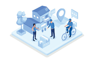 Online Delivery Service Web Banner Template. Courier on Scooter Delivering Parcel Box. Smartphone with Mobile App for Delivery Tracking. Smart Logistic Concept, isometric vector modern illustration