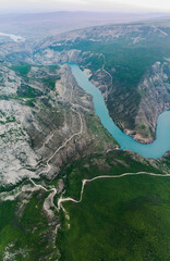 Sulak Canyon. Sights of Dagestan. Vertical panorama from a drone. Tourism in Russia. Topics of travel and postcards. The deepest canyon in the world. Mountains and gorges.