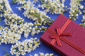 The gift box lies on a cherry blossom.