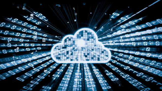 Cloud computer and online data storage with tacit intelligent sharing software . Concept of smart digital transformation and technology disruption that changes global trends in new information era .